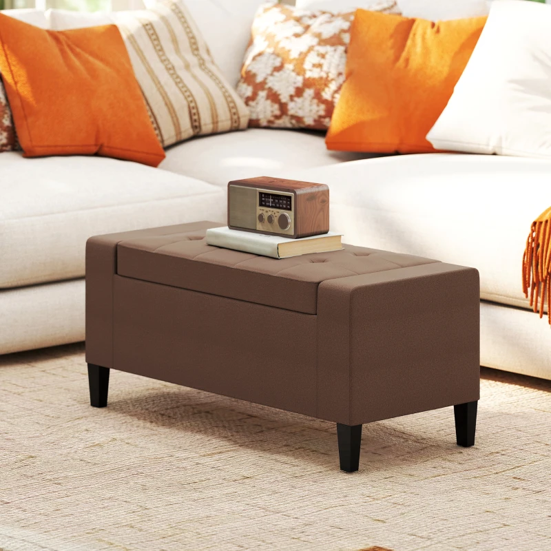 HOMCOM 36" Ottoman with Storage, Storage Ottoman Bench with Lift Top and Rubberwood Legs, Linen Upholstered Entryway Bench with Seating for Living Room, Bedroom, Holds up to 330 lb, Dark Brown