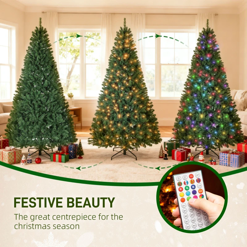 HOMCOM 7.5ft Prelit Christmas Tree with RGB Dynamic LEDs, Remote Control, Daily Timer, Hinged Xmas Tree, Easy Assembly