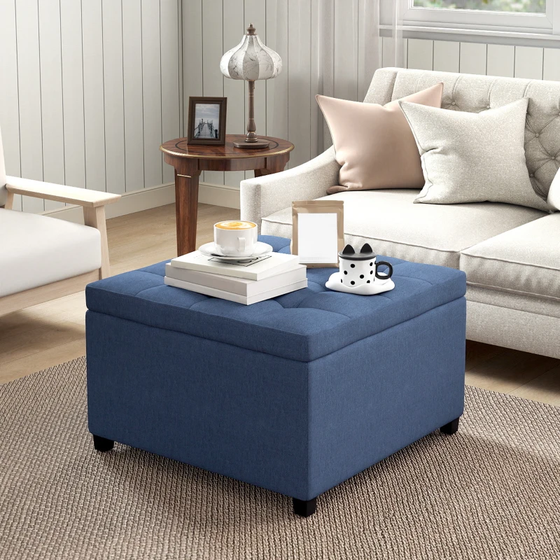 HOMCOM Round Storage Ottoman Bench, Button Tufted Ottoman with Flip Top for Living Room, Entryway and Bedroom, Blue