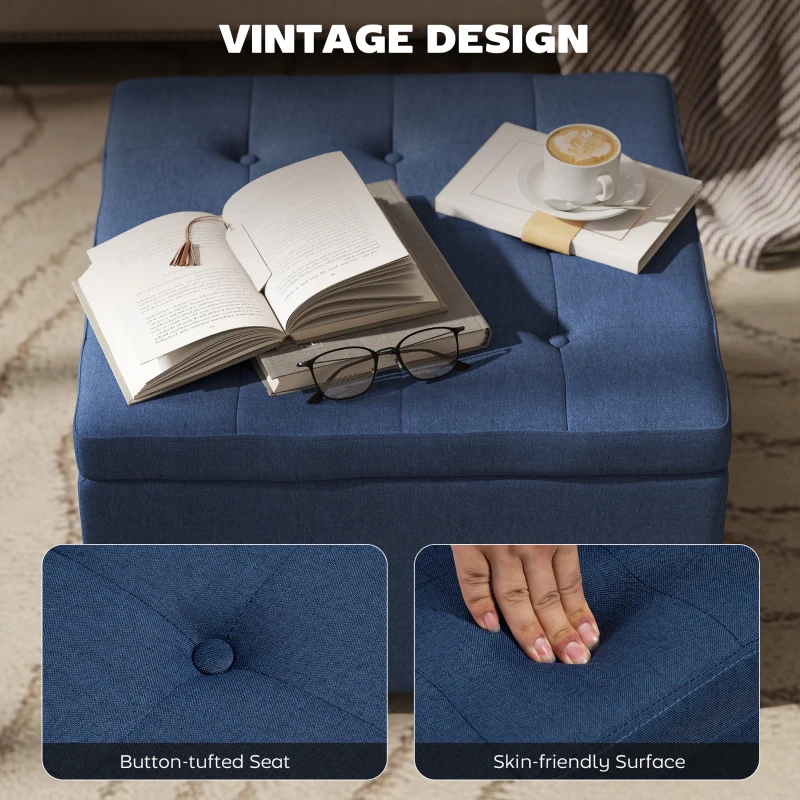 HOMCOM Round Storage Ottoman Bench, Button Tufted Ottoman with Flip Top for Living Room, Entryway and Bedroom, Blue