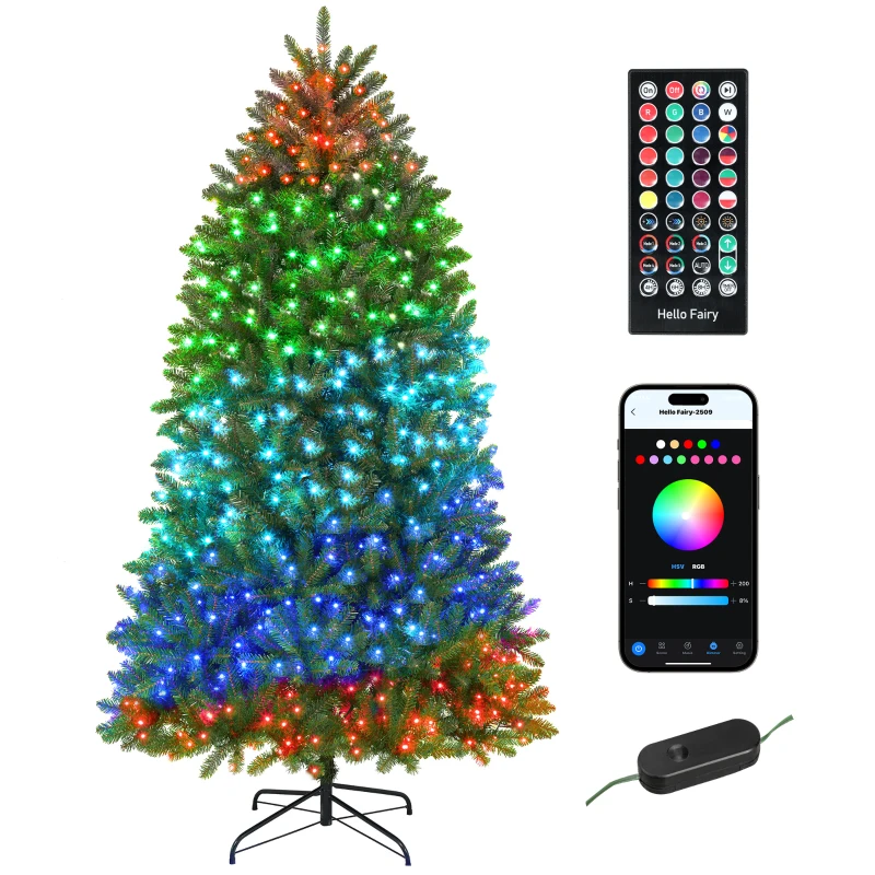 HOMCOM 6ft Prelit Christmas Tree with Full-Spectrum LEDs, Smart App Control, Wide Full Hinged Xmas Tree, Easy Assembly