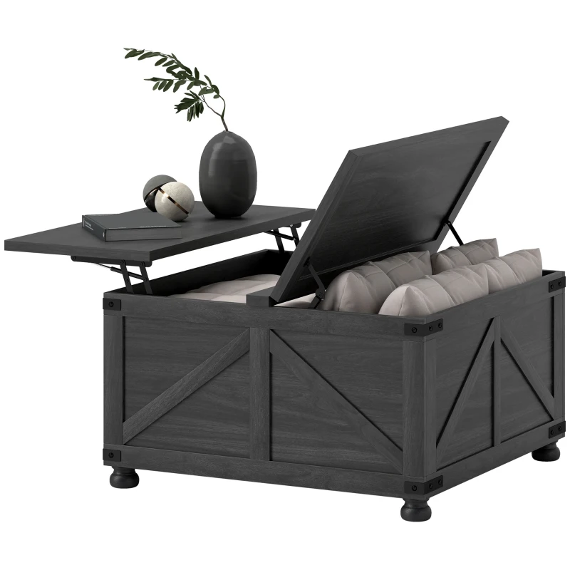 HOMCOM Coffee Table with Lift Top, 32" Farmhouse Center Table with Hidden Compartment for Living Room, Black Wood Grain