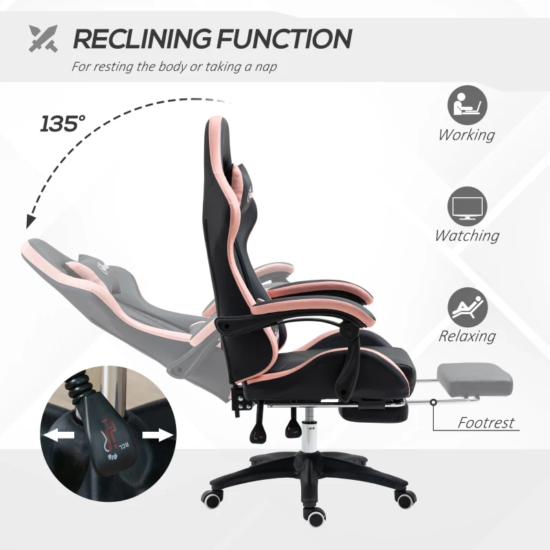 Vinsetto Computer Gaming Chair, PU Leather Office Desk Chair with Footrest, Swivel Wheels, 135° Reclining Back, Black