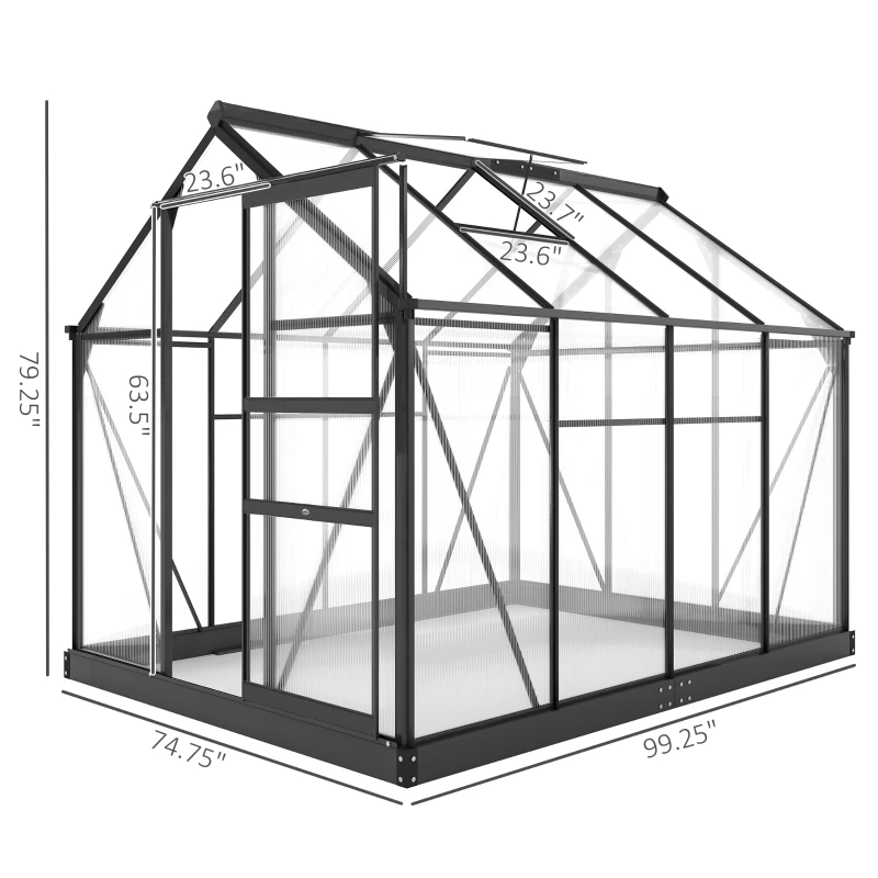 Outsunny Polycarbonate Greenhouse, Heavy Duty Outdoor Aluminum Walk-in Green House Kit Vent Door, 6.2'x8.3'x6.6' Gray