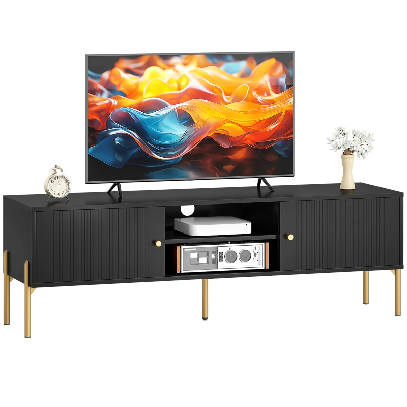 HOMCOM TV Stand for TVs up to 65", Entertainment Center with 2 Open Shelves, 2 Cabinets and Steel Legs for Living Room, Black