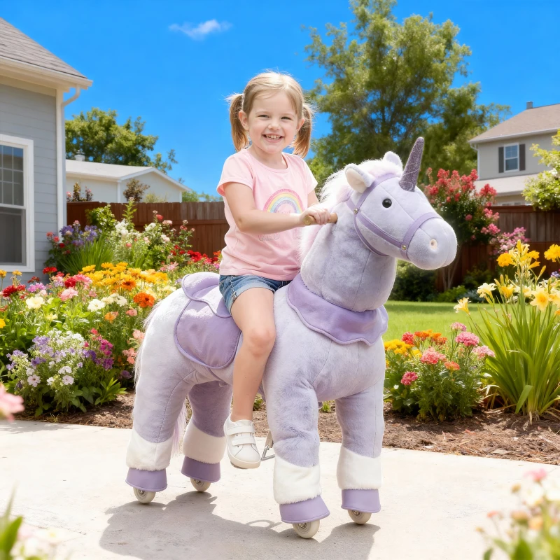 Qaba Ride on Unicorn Toy for Kids 4-7 Years, 37.8 Inch Plush Baby Rocking Horse with Wheels, No Battery Required, Blue