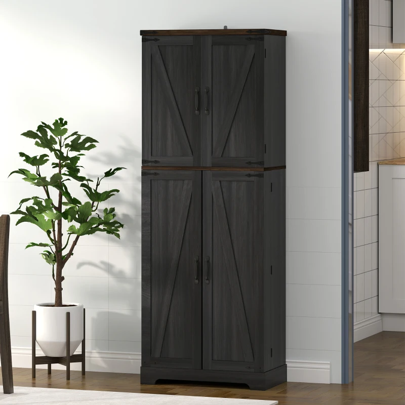 HOMCOM 64" Tall Kitchen Pantry Cabinet with Spice Racks and Adjustable Shelves, Black Wood Grain