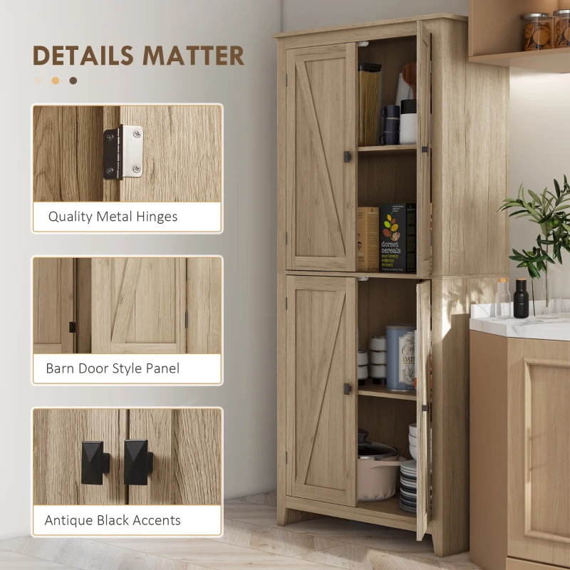 HOMCOM 72" Freestanding Kitchen Pantry Cabinet, Farmhouse Tall Storage Cabinet with 4 Door Cabinets and Adjustable Shelves for Dining Room, Natural