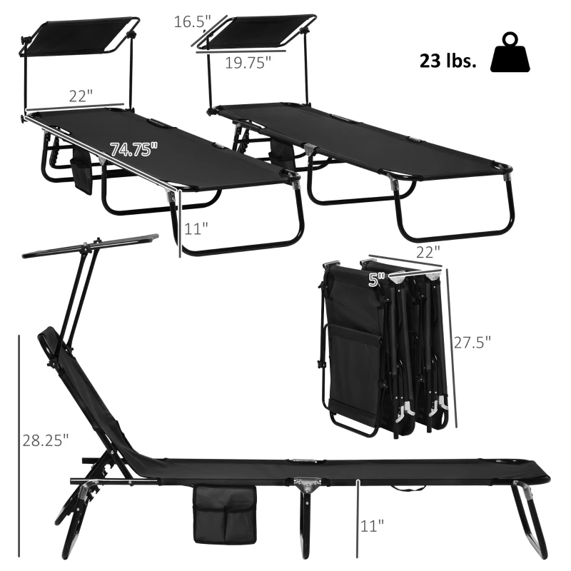 Outsunny Folding Chaise Lounge Pool Lounge Chairs Set of 2, Outdoor Sun Tanning Chairs with Canopy Shade, Reclining Back, Steel Frame and Side Pocket for Beach, Yard, Patio, Black