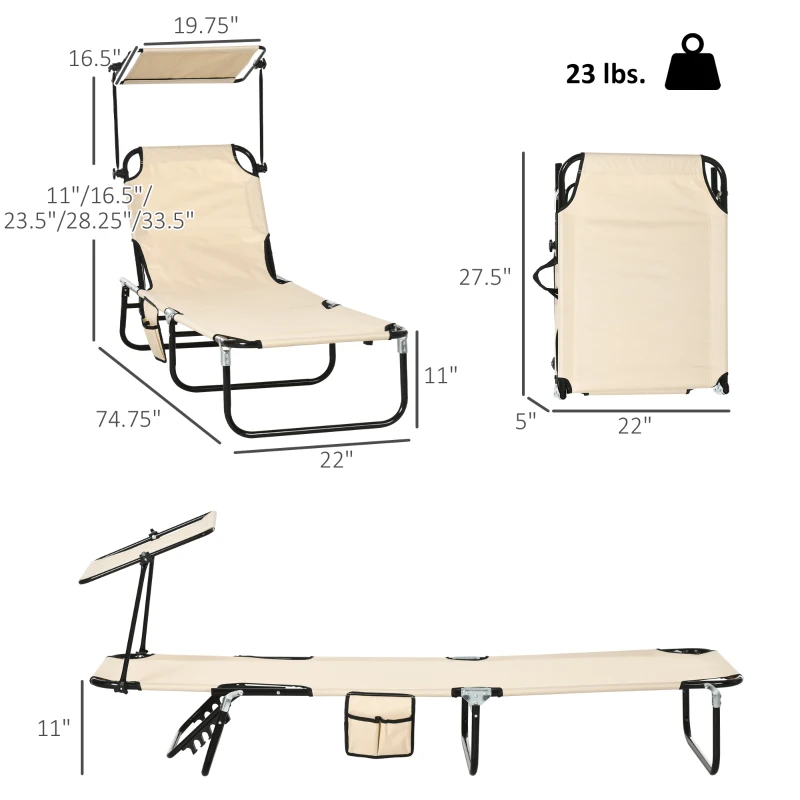 Outsunny Folding Chaise Lounge Pool Lounge Chairs Set of 2, Outdoor Sun Tanning Chairs with Canopy Shade, Reclining Back, Steel Frame and Side Pocket for Beach, Yard, Patio, Tan