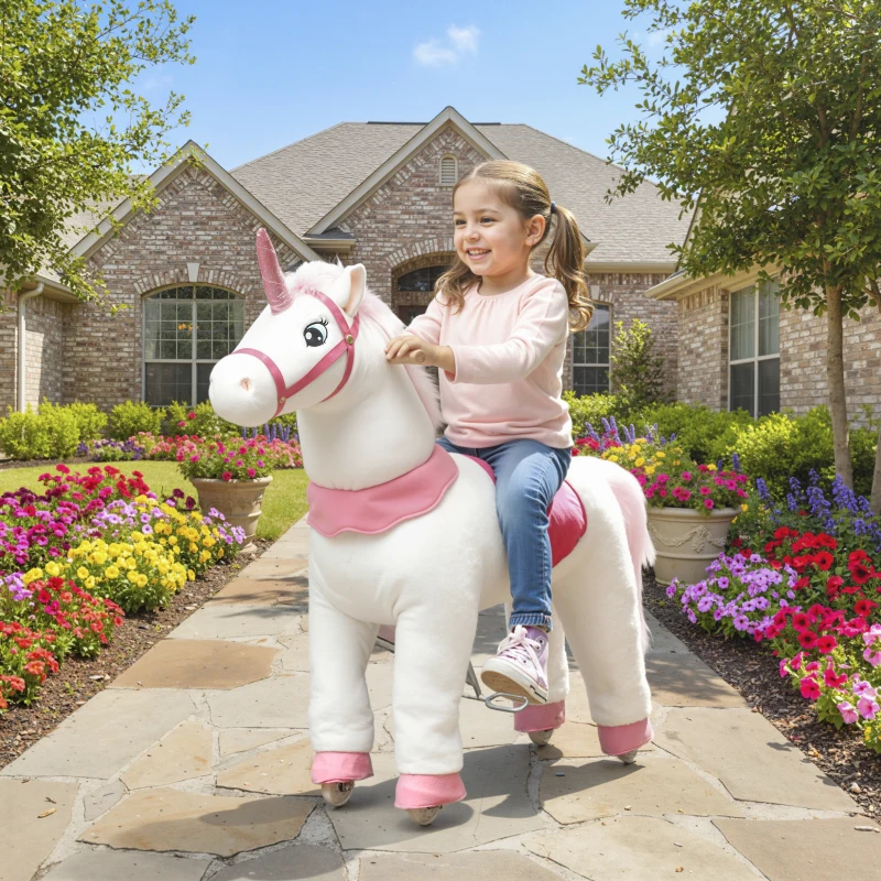 Qaba Ride on Unicorn Toy for Kids 4-7 Years, 37.8 Inch Plush Baby Rocking Horse with Wheels, No Battery Required, White