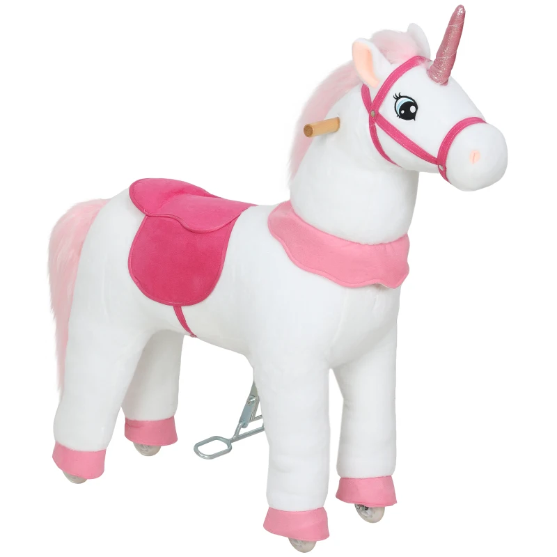 Qaba Ride on Unicorn Toy for Kids 4-7 Years, 37.8 Inch Plush Baby Rocking Horse with Wheels, No Battery Required, White