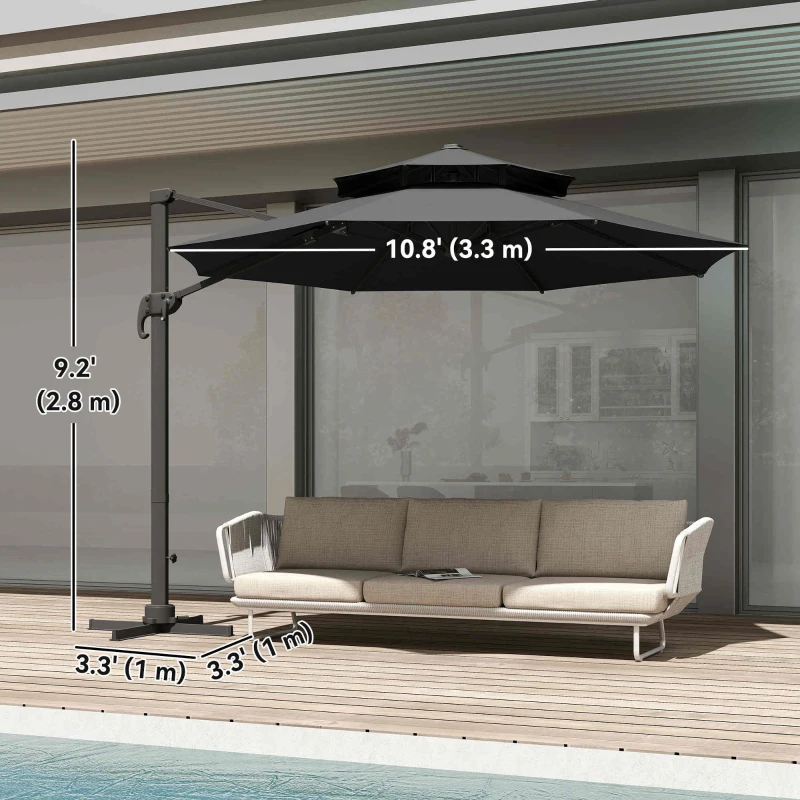 Outsunny 11ft Outdoor Cantilever Umbrella Rotatable Sun Shade Aluminum Market Umbrella with Adjustable Angle & Double-top Canopy for Backyard, Poolside, Lawn and Garden Dark Grey