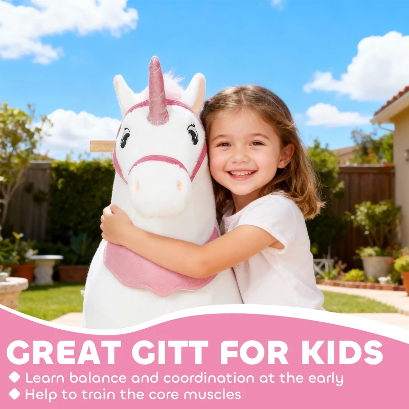 Qaba Ride on Unicorn Toy for Kids 4-7 Years, 37.8 Inch Plush Baby Rocking Horse with Wheels, No Battery Required, White