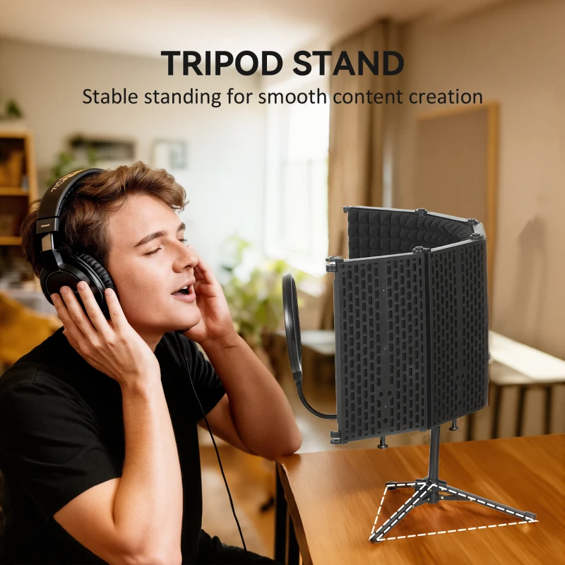 HOMCOM Foldable Studio Recording Microphone Isolation Shield with Pop Filter, Stand, 3/8" Threaded Mount, Black