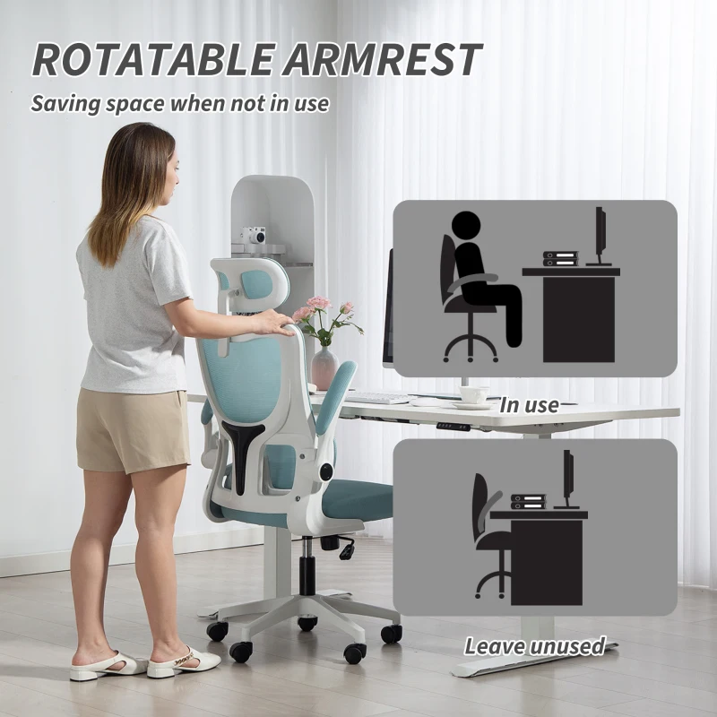 Vinsetto High Back Office Chair, Mesh Computer Chair with Rotatable Headrest, Lumbar Back Support, Adjustable Height, Light Blue