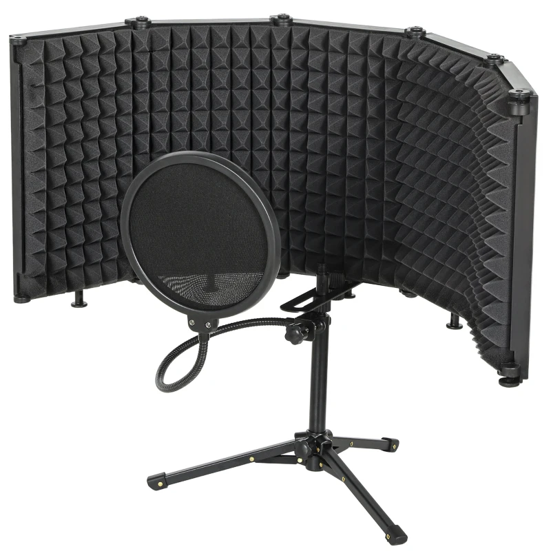 HOMCOM Foldable Studio Recording Microphone Isolation Shield with Pop Filter, Stand, 3/8" Threaded Mount, Black