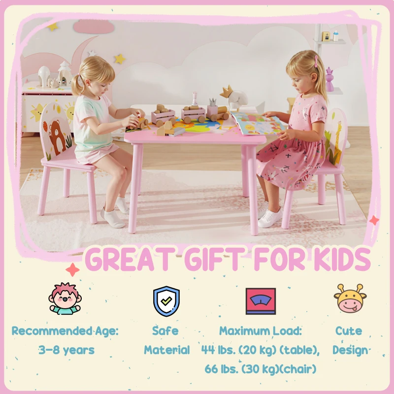 Qaba Kids Table and Chair Set, Toddler Table and 2 Chairs Set for Art, Craft, Reading, Learning, Pink