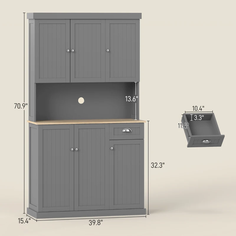 HOMCOM 71" Buffet with Hutch, Modern Farmhouse Kitchen Pantry Storage Cabinet with Microwave Oven Countertop, Drawer, Gray