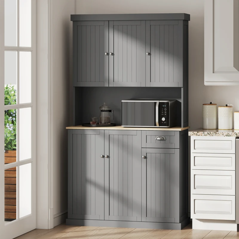 HOMCOM 71" Buffet with Hutch, Modern Farmhouse Kitchen Pantry Storage Cabinet with Microwave Oven Countertop, Drawer, Gray