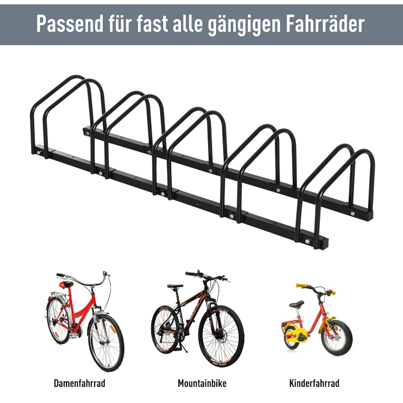 HOMCOM 5-Bike Bicycle Floor Parking Rack Cycling Storage Stand Ground Mount Garage Organizer for Indoor and Outdoor Use Black