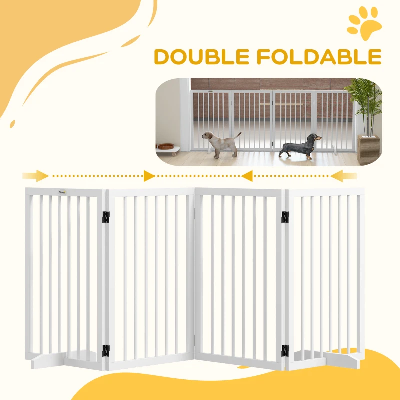 PawHut Free Standing Pet Gate, Foldable Dog Gates with 2 Support Feet, 4 Panels for Doorway Stairs, White