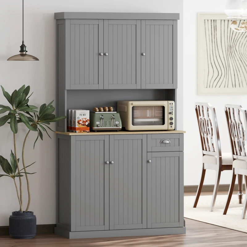 HOMCOM 71" Buffet with Hutch, Modern Farmhouse Kitchen Pantry Storage Cabinet with Microwave Oven Countertop, Drawer, Gray