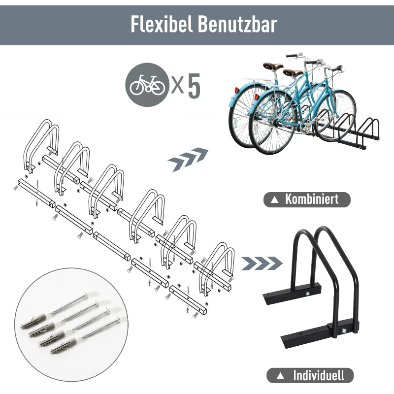 HOMCOM 5-Bike Bicycle Floor Parking Rack Cycling Storage Stand Ground Mount Garage Organizer for Indoor and Outdoor Use Black
