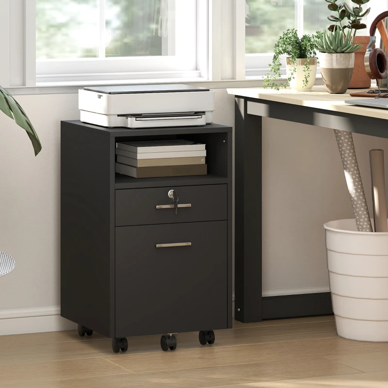 Vinsetto Small Filing Cabinet with 2 Drawers, Lockable Home Office Storage Cabinets on Wheels for A4, Letter Size, Black