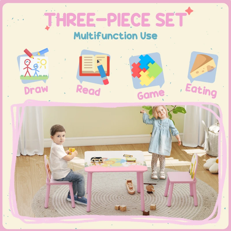 Qaba Kids Table and Chair Set, Toddler Table and 2 Chairs Set for Art, Craft, Reading, Learning, Pink