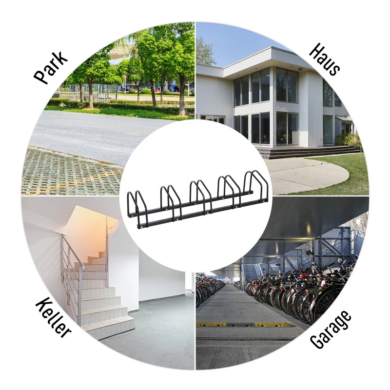 HOMCOM 5-Bike Bicycle Floor Parking Rack Cycling Storage Stand Ground Mount Garage Organizer for Indoor and Outdoor Use Black