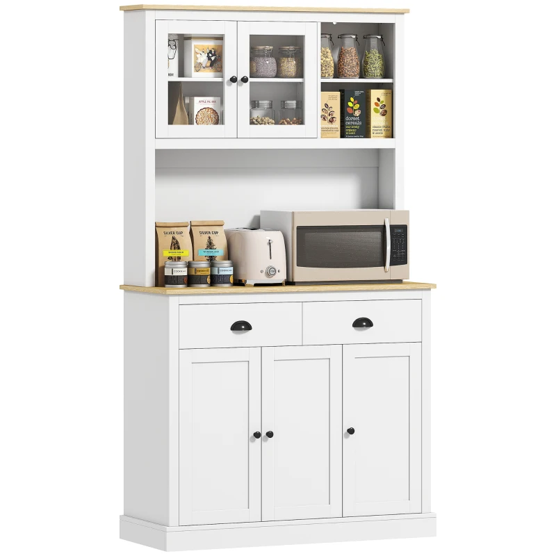 HOMCOM Freestanding Kitchen Cabinet, 71" Tall Pantry Cabinet, Modern Hutch with Wide Countertop, Adjustable Shelves, White