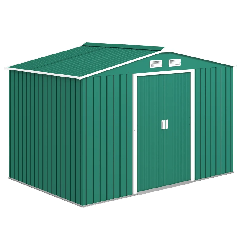 Outsunny 9.1' x 6.4' x 6.3' Garden Storage Shed w/ Foundation Kit Metal Tool Storage House w/ Double Doors Green