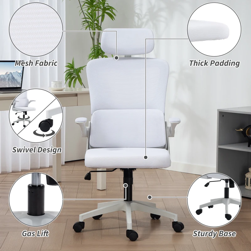 Vinsetto High Back Office Chair, Mesh Computer Chair with Rotatable Headrest, Lumbar Back Support, Adjustable Height, Cream White