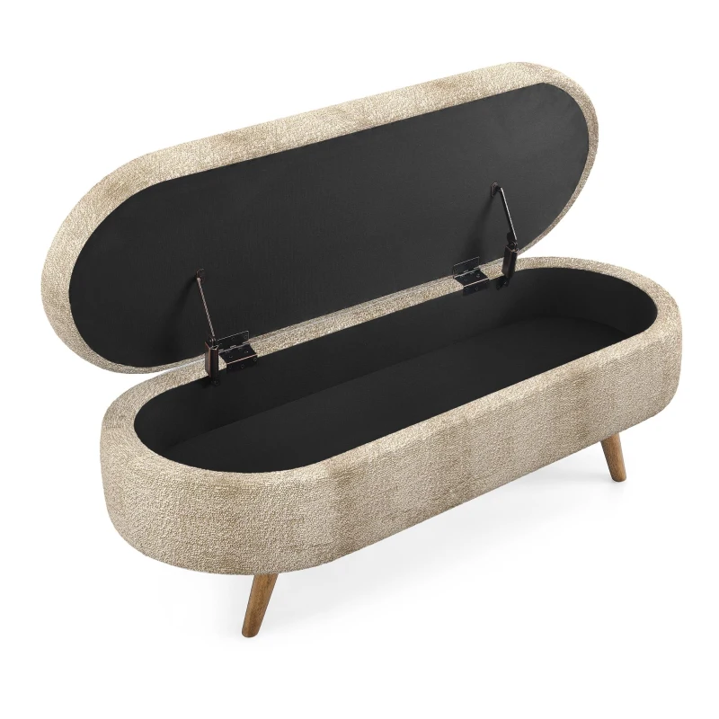 Oval Storage Ottoman Bench with Foam Cushion and Sturdy Rubberwood Legs, Multi-Use Footstool for Bedroom, 43.5" L x 16" W x 16" H, Brown