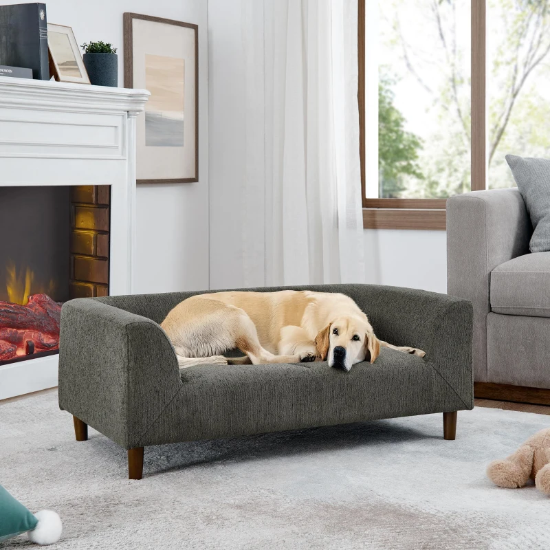 Modern Pet Sofa with Backrest and Armrests, Plush Foam Cushion, Low-Profile Dog Couch for Living Room, 40" L x 22.5" W x 14.5" H, Dark Gray