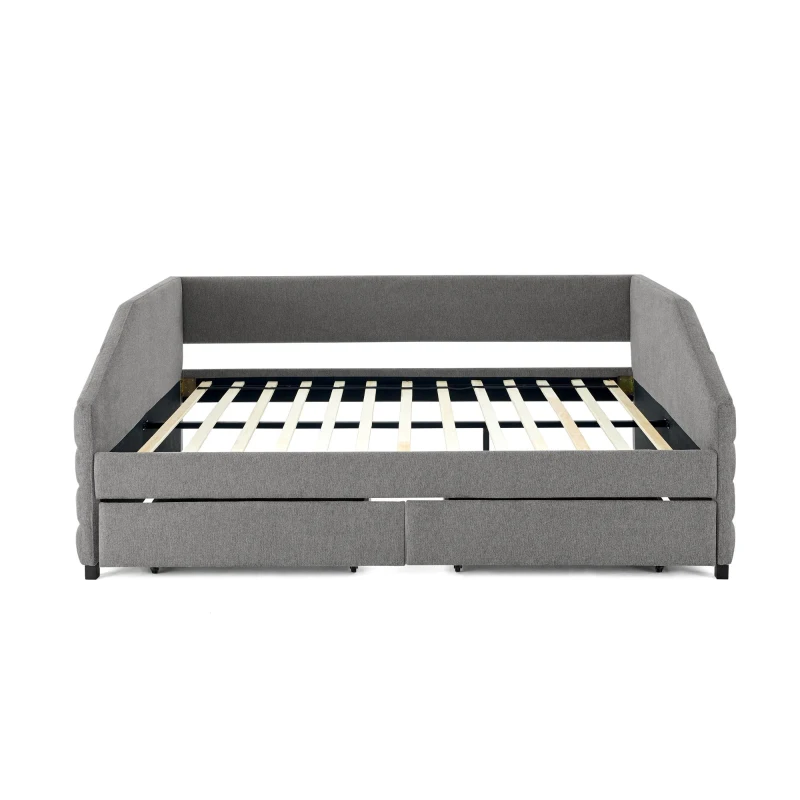 Queen Size Upholstered Daybed with Pull-Out Trundle and Storage Drawers, Assembly Required with All Tools, 88" L x 64.5" W x 34" H, Grey
