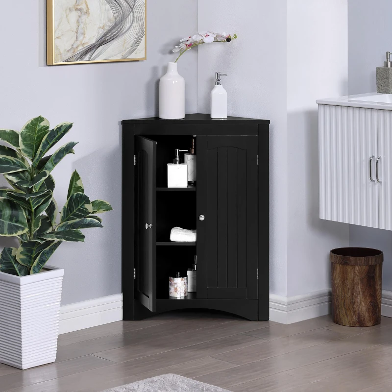 Bathroom Corner Storage Cabinet with Doors, Adjustable Shelves, Free-Standing Sideboard for Compact Room, 24.5" L x 12" W x 32.5" H, Black