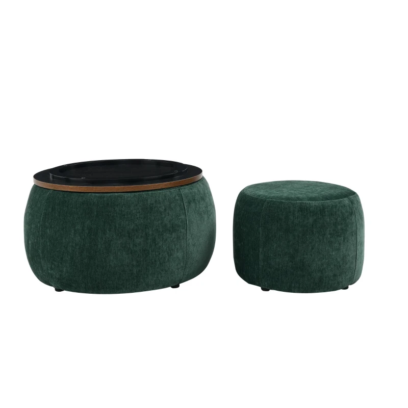 2-in-1 Round Storage Ottoman with Removable Top for Storage, End Table with Eucalyptus Wood Frame, 25" L x 25" W x 15" H, Green