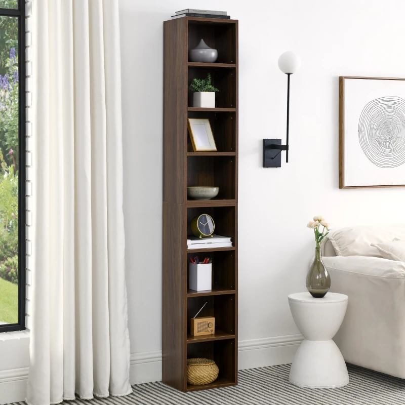 8-Tier Slim Media Tower Rack with Adjustable Shelves, Anti-Tip Hardware, Tall Narrow Bookcase for Compact Room, 11.5" L x 9.5" W x 71" H, Walnut
