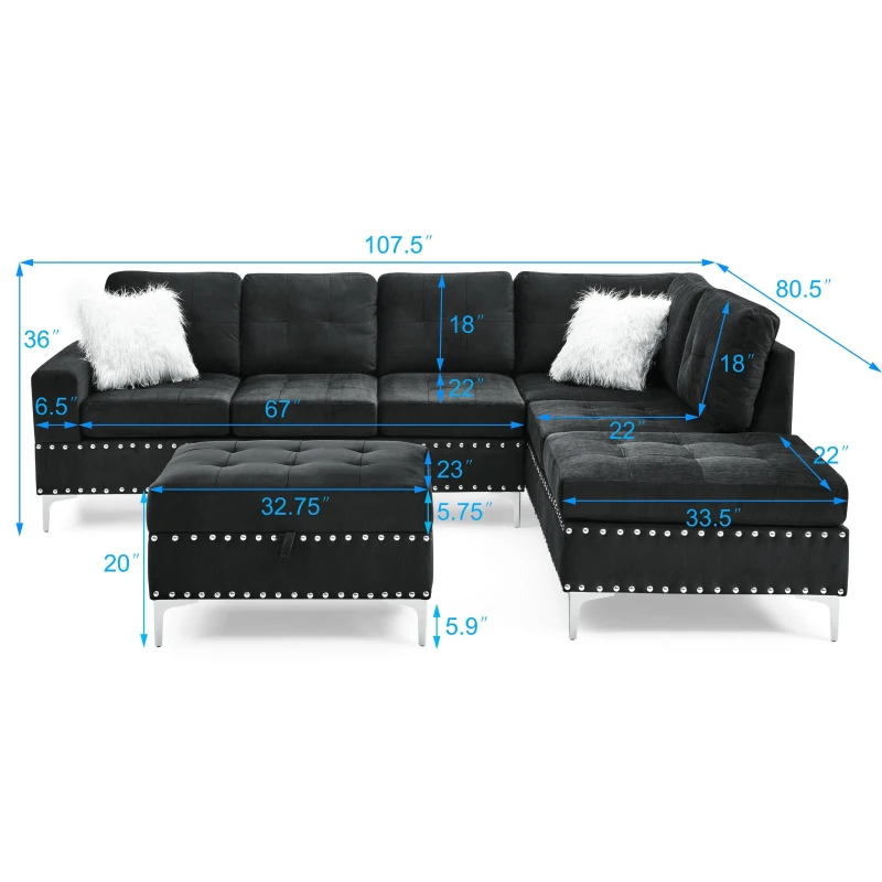3-Seater Sectional Sofa with Reversible Chaise, Storage Ottoman and Metal Legs, Sofa Bed with Rivet Accents, 107.5" L x 80.5" W x 36" H, Black