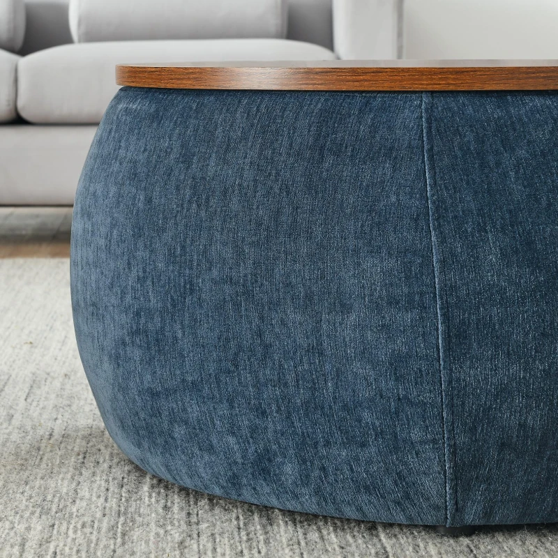 2-in-1 Round Storage Ottoman with Removable Top for Storage, End Table with Eucalyptus Wood Frame, 25" L x 25" W x 15" H, Dark Blue