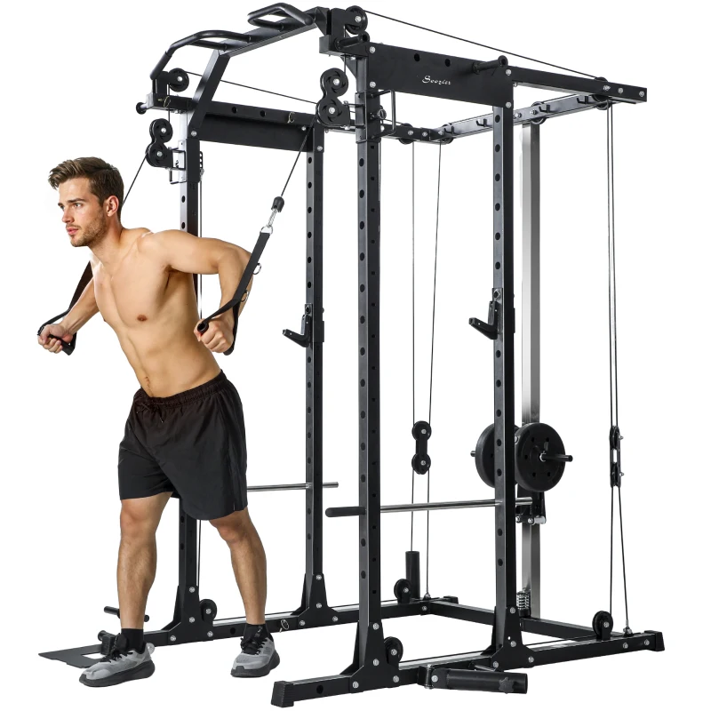 Soozier Multi-Functional Power Rack, Smith Machine Cable Crossover System with Pull Up Bar, Lat-Pull Down System, Landmine