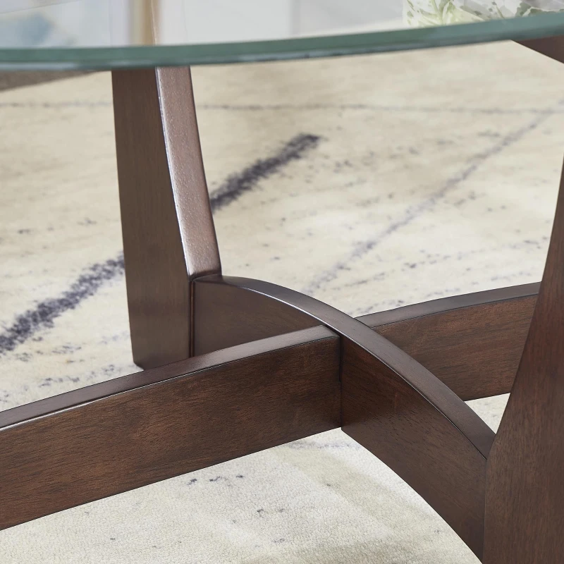 23.5" Round Tempered Coffee Table with Scratch-Resistant Glass Top, Solid Wood Frame with Quick Assembly, 23.5'' L x 23.5'' W x 23.5'' H, Cherry