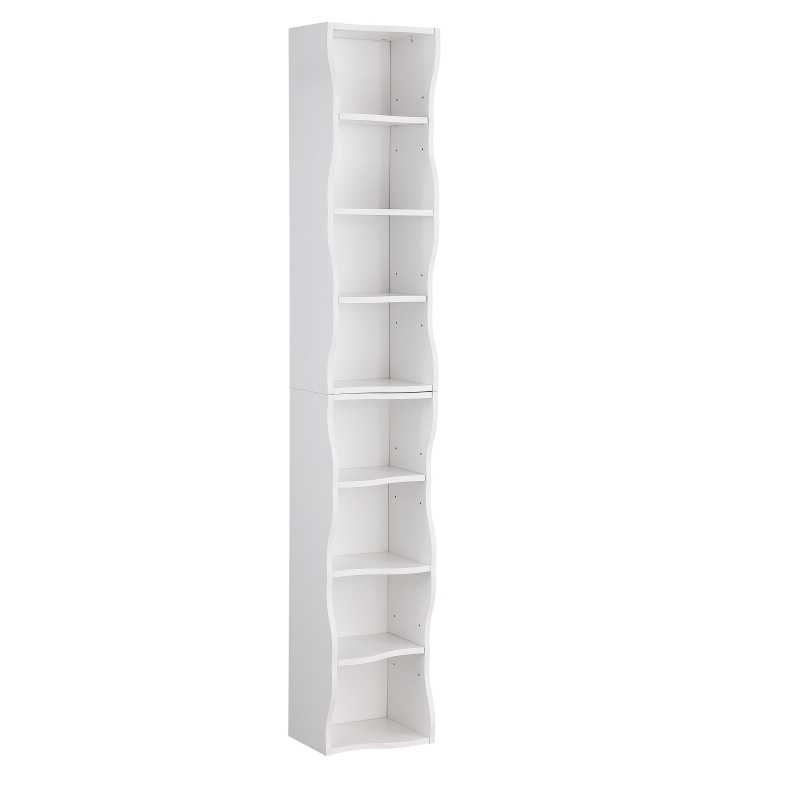 8-Tier Adjustable Slim Bookcase with Wavy Edge Design, Anti-Tip Hardware, Detachable Cabinets for Home Storage, 11.5" L x 9.5" W x 71" H, White