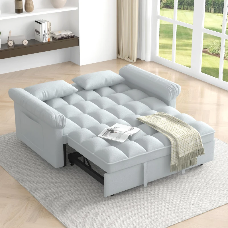 Flannel Loveseat Sofa Bed with Adjustable Back, Plastic Legs, Pull-Out Sleeper with High-Resilience Foam, 56" L x 34" W x 31.5" H, Grey