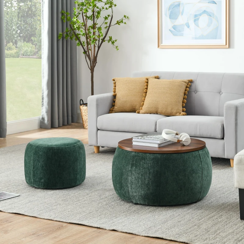 2-in-1 Round Storage Ottoman with Removable Top for Storage, End Table with Eucalyptus Wood Frame, 25" L x 25" W x 15" H, Green