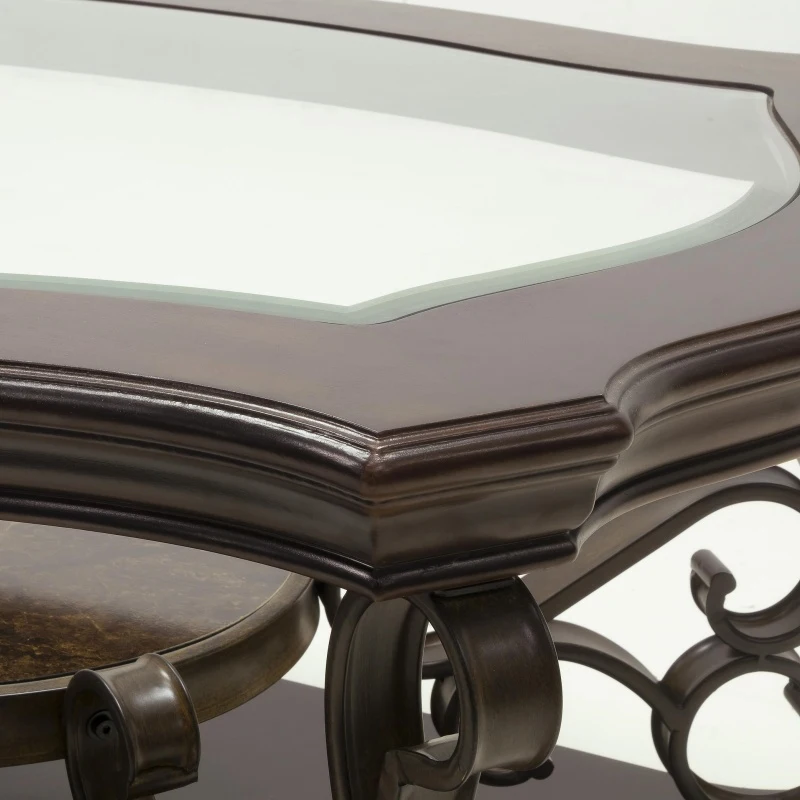 Cocktail Table with Tempered Beveled Glass Top, Marble Paper, Powder-Coated Metal Legs, Desk for Living Room, 52" L x 32" W x 20.5" H, Brown