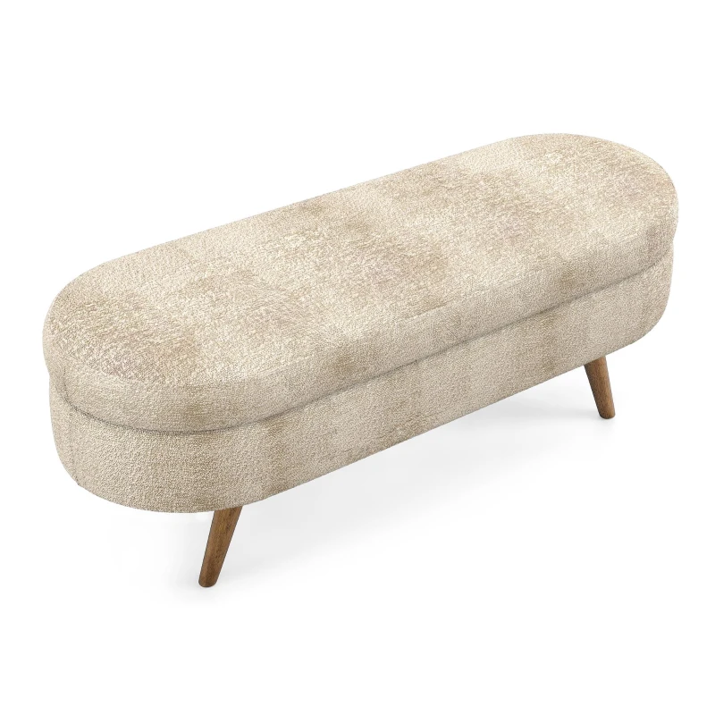 Oval Storage Ottoman Bench with Foam Cushion and Sturdy Rubberwood Legs, Multi-Use Footstool for Bedroom, 43.5" L x 16" W x 16" H, Brown
