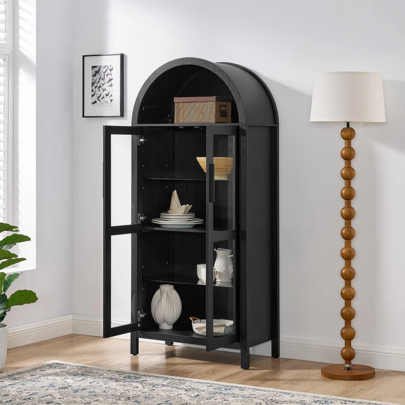 Arched Top Storage Cabinet with LED Light Strip, Adjustable Glass Shelves, Modern Bookcase for Living Room, 30" L x 15.5" W x 67" H, Black